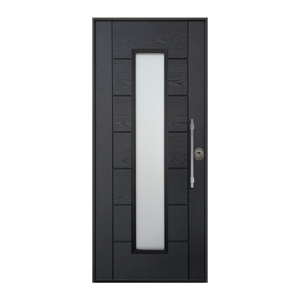 Puerta Acorazada MOD. Ares Glass, Panel Exterior Kronos® Helios Gris, Interior Blanco Liso